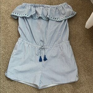 Vineyard Vines Blue and White Ruffled Off-Shoulder Dress